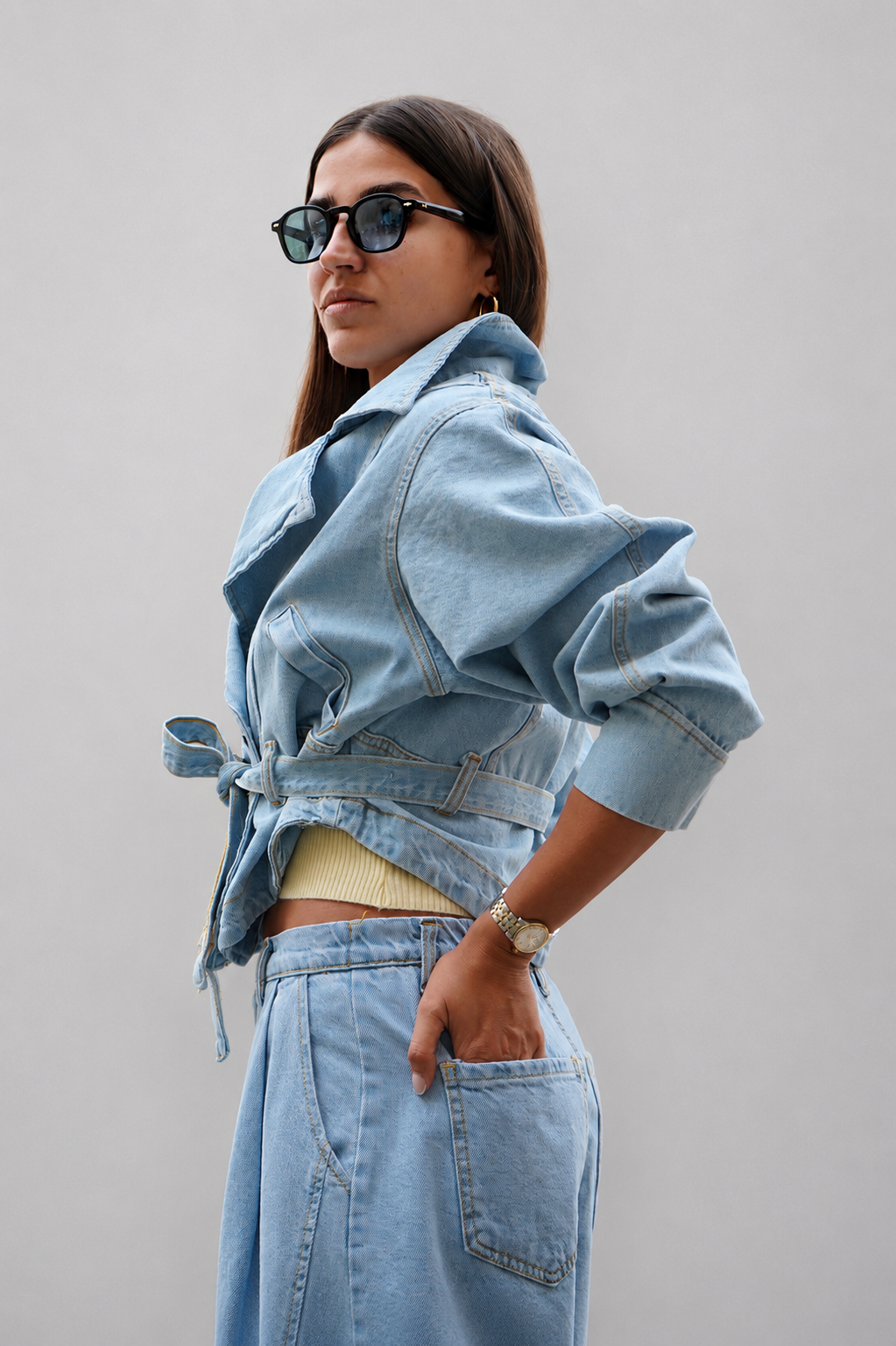 Cropped Belted Denim Jacket