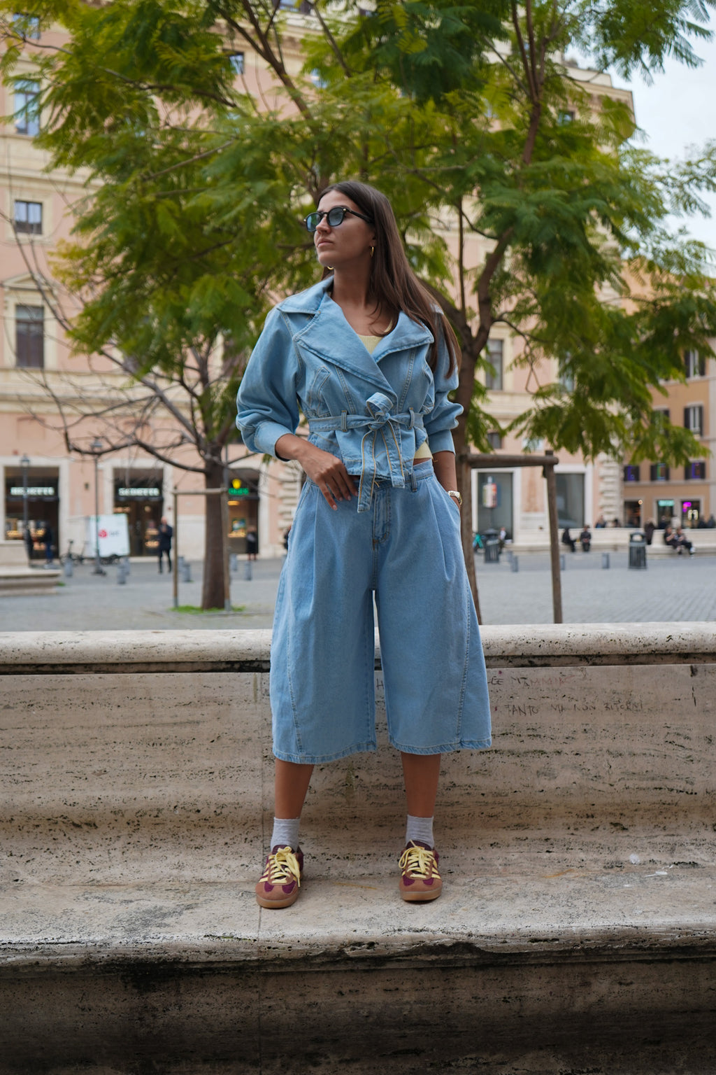 High-Waisted Denim Bermuda Shorts
