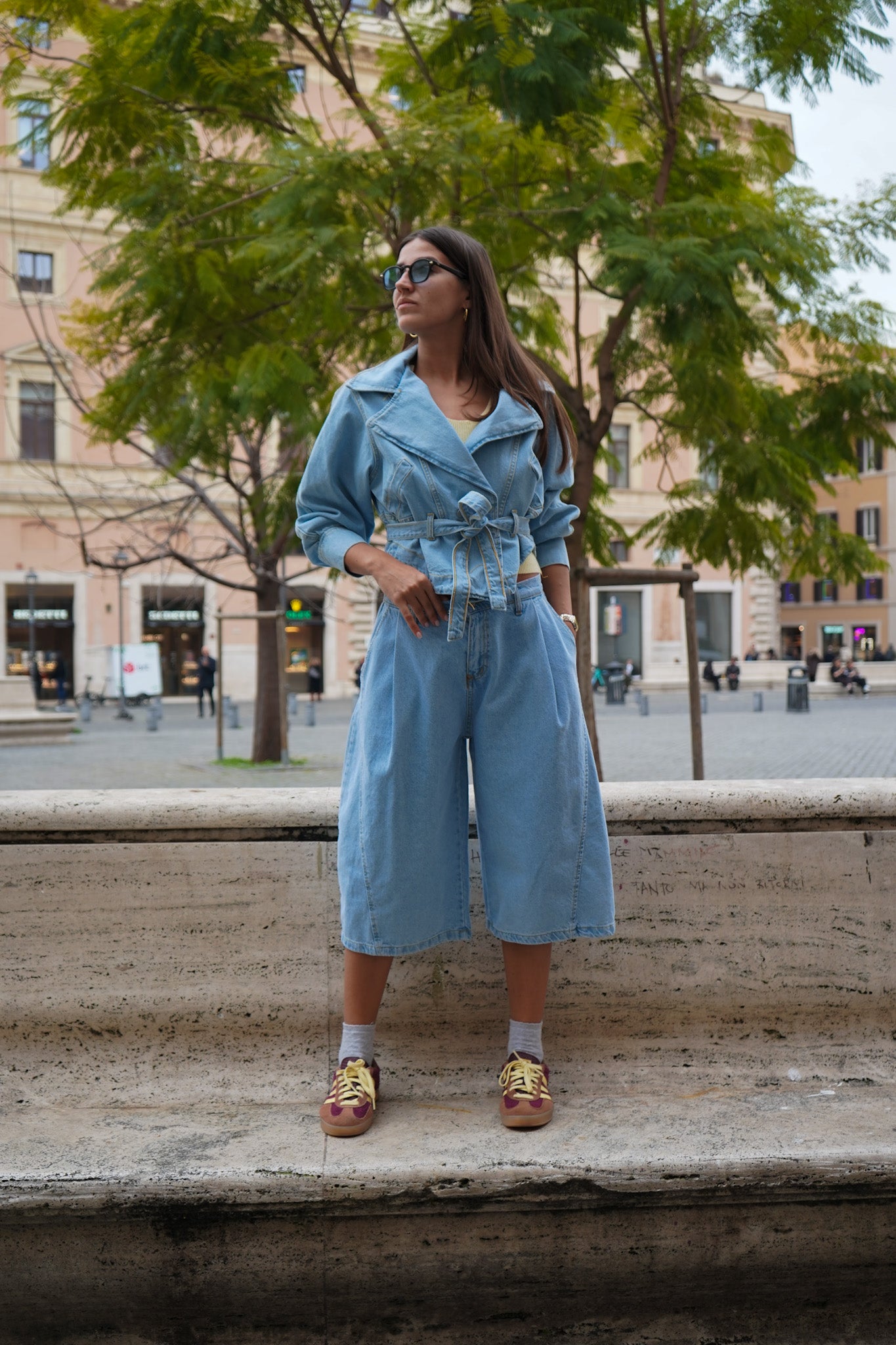 High-Waisted Denim Bermuda Shorts