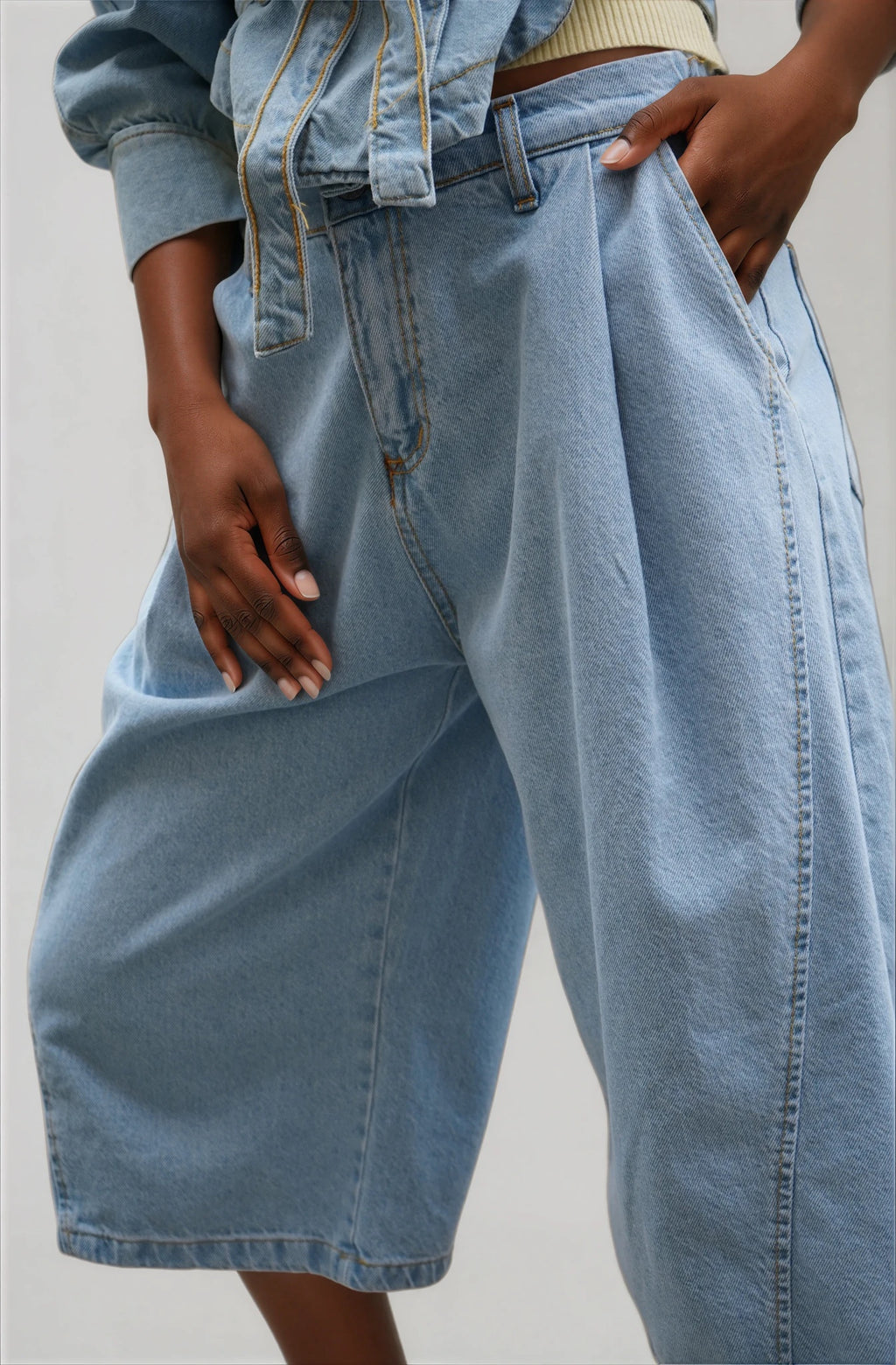 High-Waisted Denim Bermuda Shorts