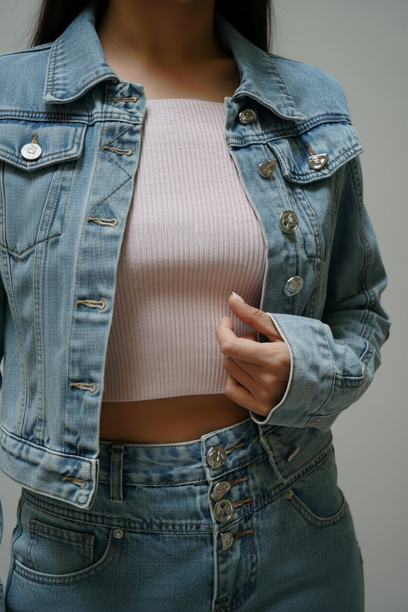 Cropped Denim Jacket with Statement Buttons